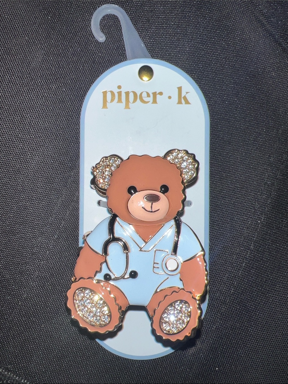 Piper K Brown Teddy Bear Enamel Pin with Light Blue Nurse Outfit Hair Clip